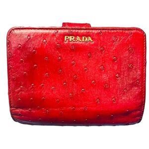 PRADA Red Ostrich Leather Zip Around Wallet Bag Cardholder with COA ~ RARE